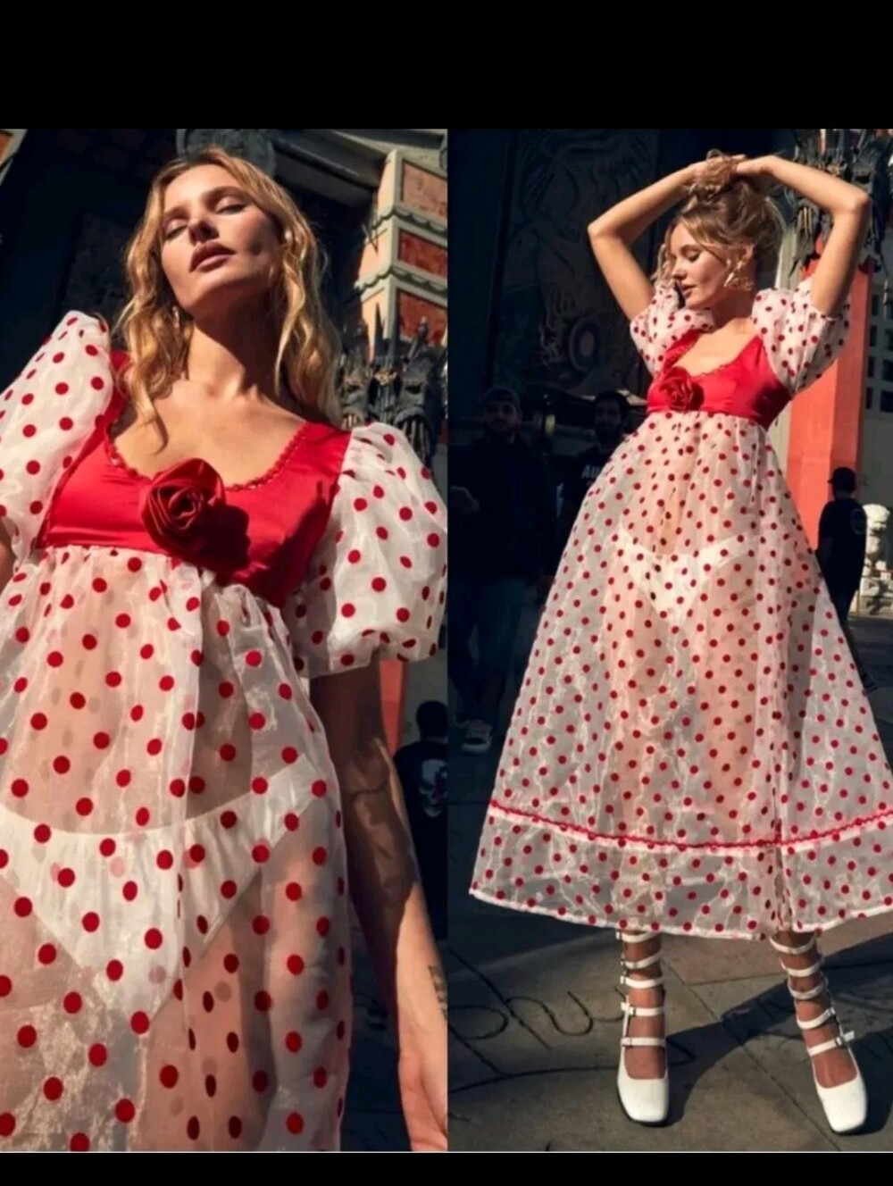 For Love & Lemons Rhoda Red Polka Dot Midi Dress with Rose Accent
